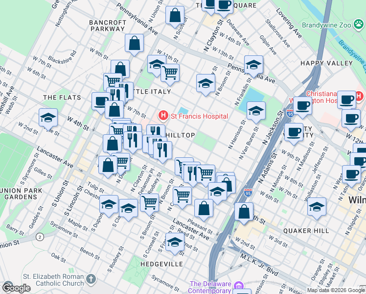 map of restaurants, bars, coffee shops, grocery stores, and more near in Wilmington