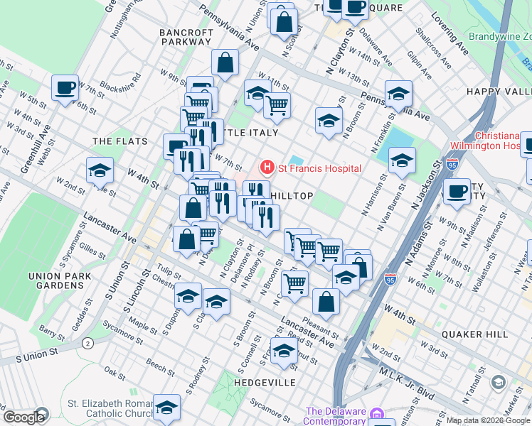 map of restaurants, bars, coffee shops, grocery stores, and more near 524 North Clayton Street in Wilmington