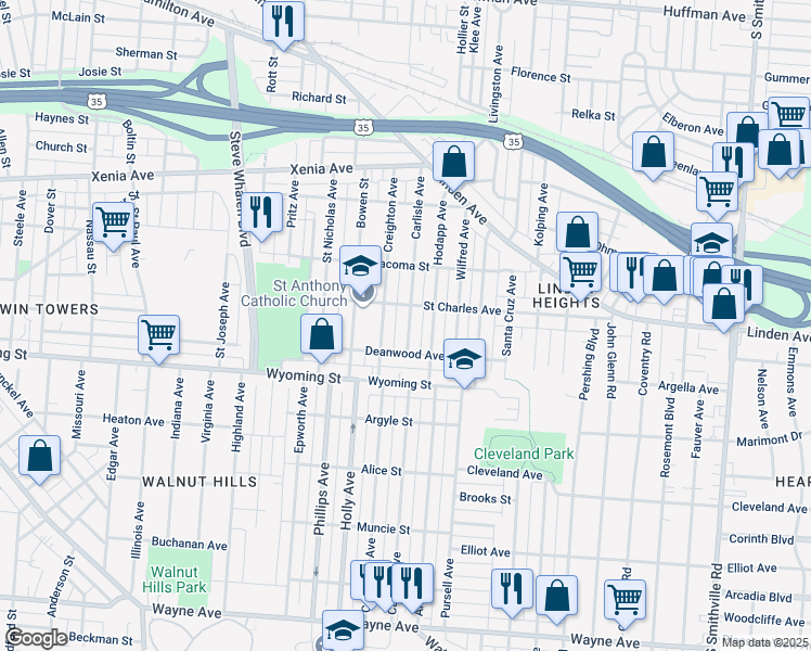 map of restaurants, bars, coffee shops, grocery stores, and more near 812 Creighton Avenue in Dayton