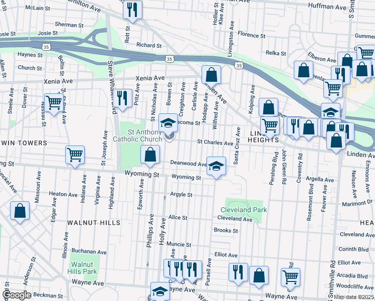 map of restaurants, bars, coffee shops, grocery stores, and more near 812 Creighton Avenue in Dayton