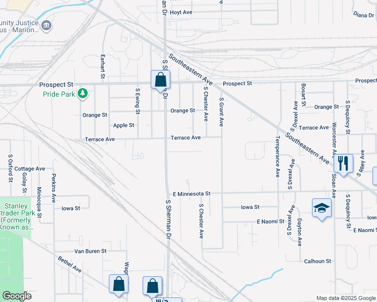 map of restaurants, bars, coffee shops, grocery stores, and more near 3822 Aloda Street in Indianapolis