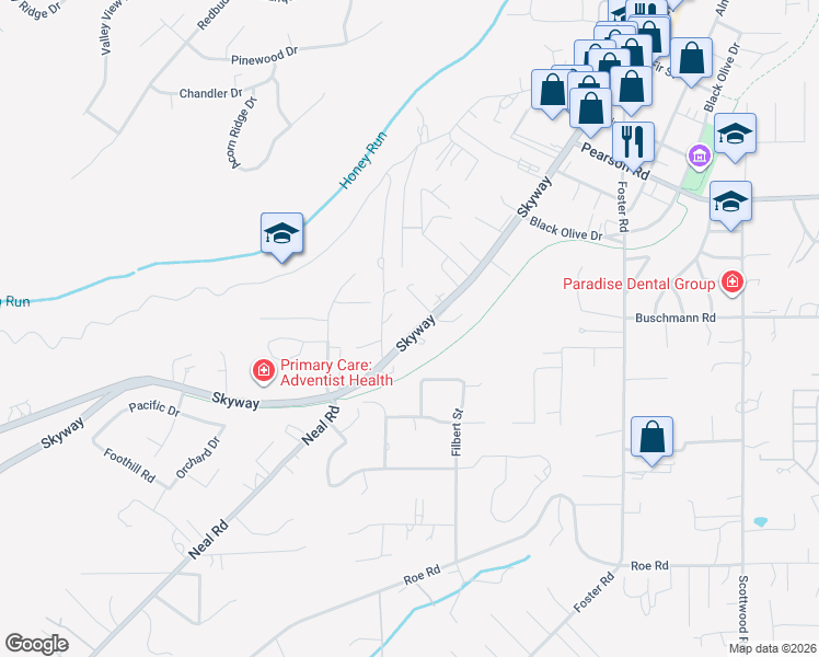 map of restaurants, bars, coffee shops, grocery stores, and more near 5447 Skyway in Paradise