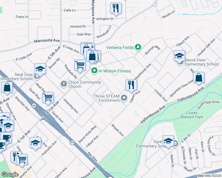 map of restaurants, bars, coffee shops, grocery stores, and more near 901 Moss Avenue in Chico