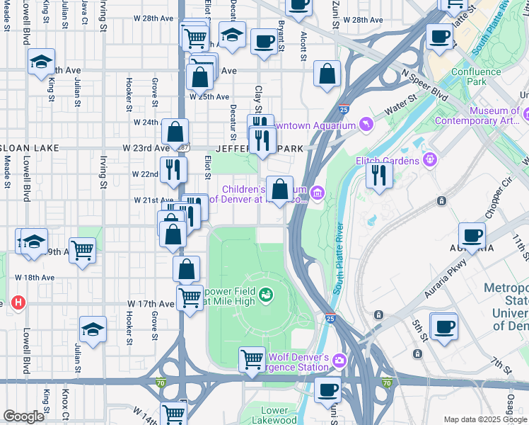 map of restaurants, bars, coffee shops, grocery stores, and more near 2043 Bryant Street in Denver