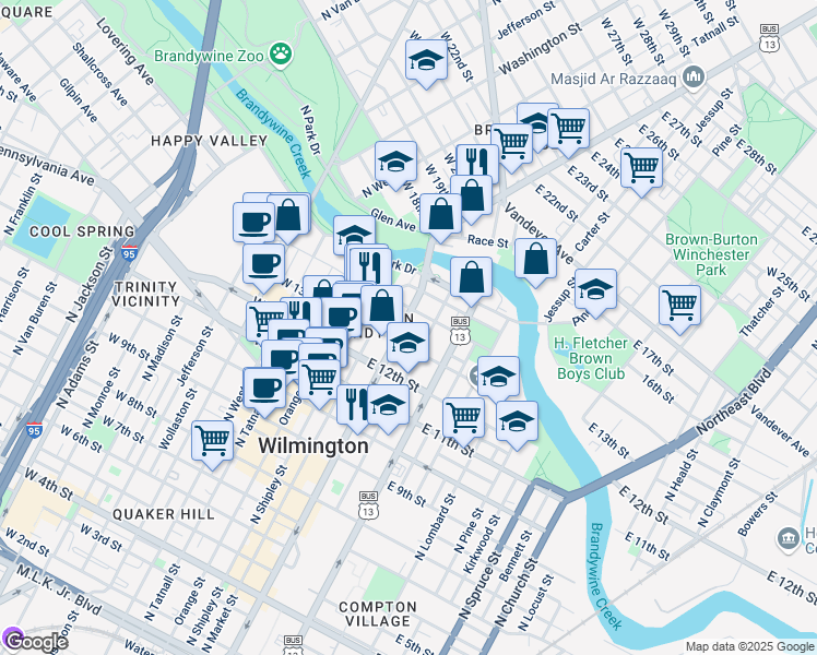 map of restaurants, bars, coffee shops, grocery stores, and more near 1330 North King Street in Wilmington