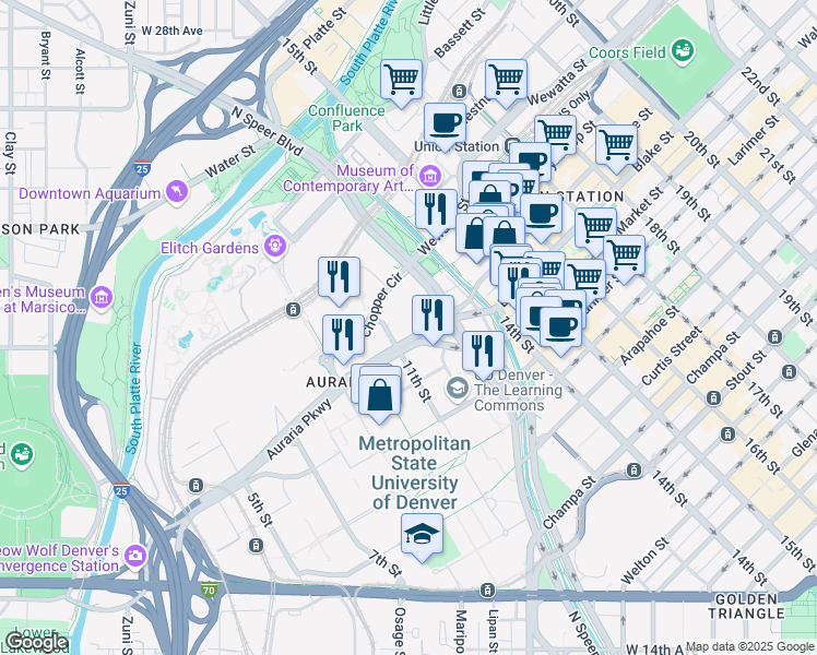 map of restaurants, bars, coffee shops, grocery stores, and more near in Denver
