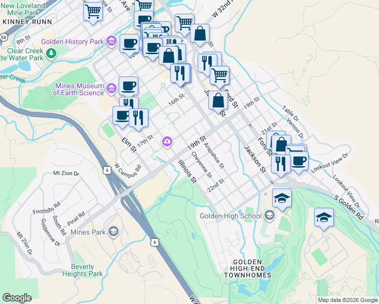 map of restaurants, bars, coffee shops, grocery stores, and more near 1001 19th Street in Golden