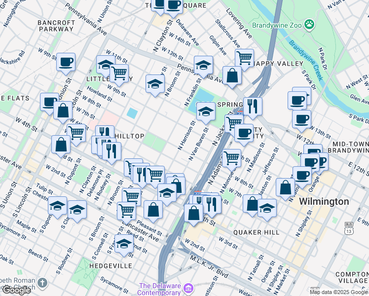 map of restaurants, bars, coffee shops, grocery stores, and more near 1117 West 8th Street in Wilmington