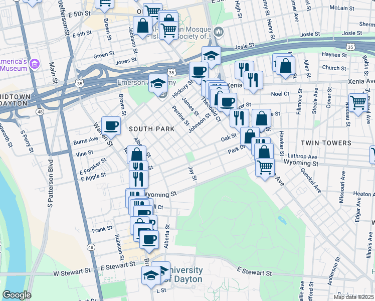 map of restaurants, bars, coffee shops, grocery stores, and more near 228 Bonner Street in Dayton