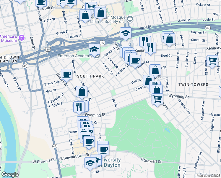 map of restaurants, bars, coffee shops, grocery stores, and more near 228 Bonner Street in Dayton