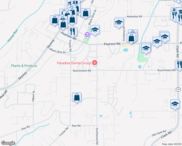 map of restaurants, bars, coffee shops, grocery stores, and more near 726 Buschmann Road in Paradise