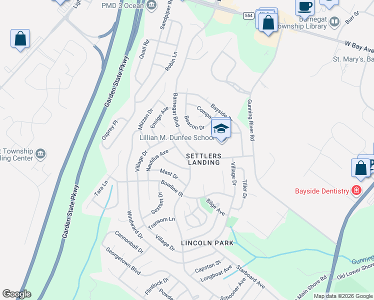 map of restaurants, bars, coffee shops, grocery stores, and more near 115 Barnegat Boulevard in Barnegat Township