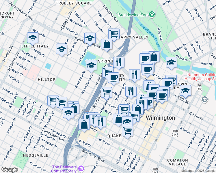 map of restaurants, bars, coffee shops, grocery stores, and more near 900 North Adams Street in Wilmington