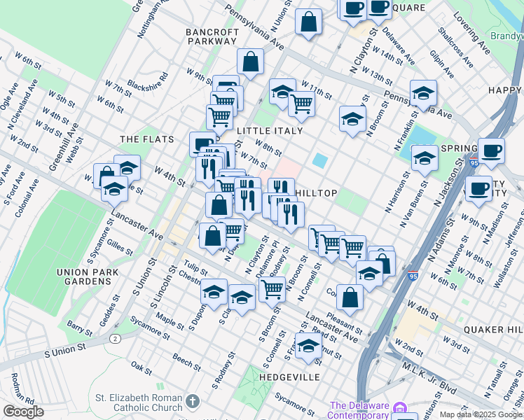 map of restaurants, bars, coffee shops, grocery stores, and more near 1608 West 5th Street in Wilmington