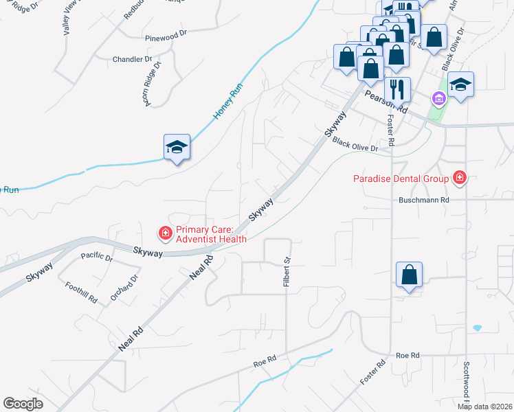 map of restaurants, bars, coffee shops, grocery stores, and more near 5447 Skyway in Paradise