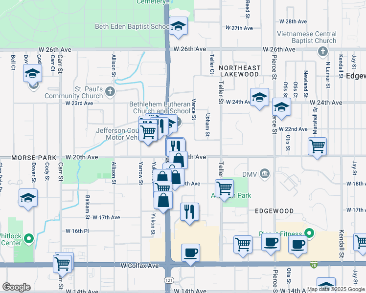 map of restaurants, bars, coffee shops, grocery stores, and more near 2020 Wadsworth Boulevard in Lakewood