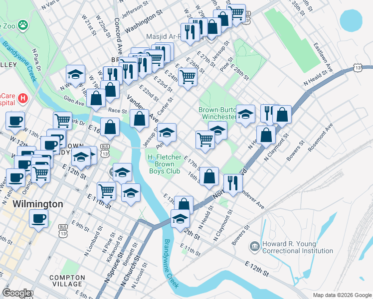map of restaurants, bars, coffee shops, grocery stores, and more near 720 Vandever Avenue in Wilmington