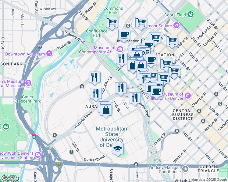 map of restaurants, bars, coffee shops, grocery stores, and more near 1127 Auraria Parkway in Denver