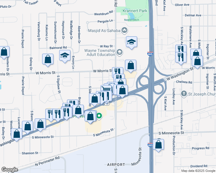 map of restaurants, bars, coffee shops, grocery stores, and more near 6326 Dunn Way in Indianapolis