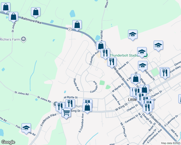 map of restaurants, bars, coffee shops, grocery stores, and more near 12 Appler Court in Littlestown