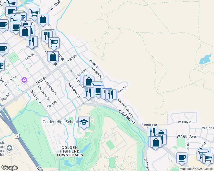map of restaurants, bars, coffee shops, grocery stores, and more near 2318 Table Heights Drive in Golden