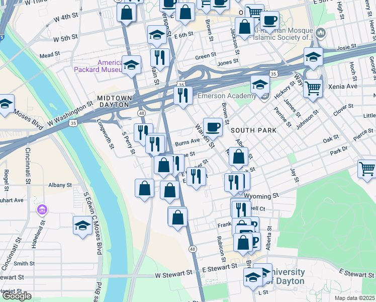 map of restaurants, bars, coffee shops, grocery stores, and more near 37 Vine Street in Dayton
