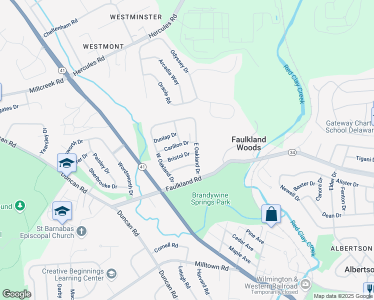 map of restaurants, bars, coffee shops, grocery stores, and more near 3205 Bristol Drive in Wilmington