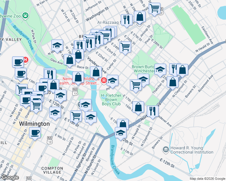 map of restaurants, bars, coffee shops, grocery stores, and more near 610 East 17th Street in Wilmington