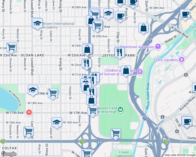 map of restaurants, bars, coffee shops, grocery stores, and more near 2021 Eliot Street in Denver