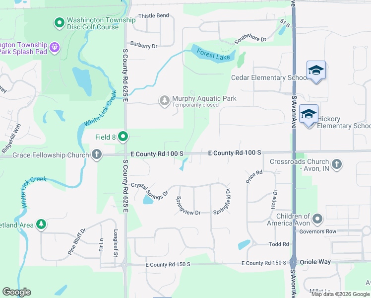 map of restaurants, bars, coffee shops, grocery stores, and more near 6476 East County Road 100 South in Avon