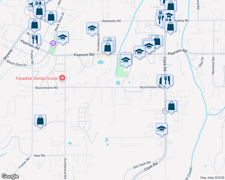 map of restaurants, bars, coffee shops, grocery stores, and more near 910 Buschmann Road in Paradise