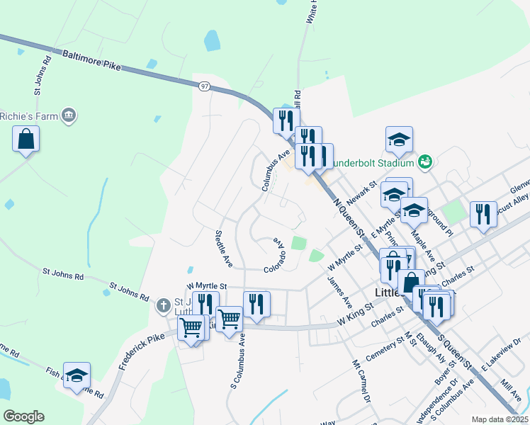 map of restaurants, bars, coffee shops, grocery stores, and more near 12 Appler Court in Littlestown