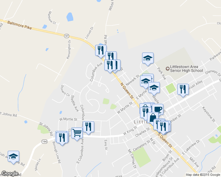 map of restaurants, bars, coffee shops, grocery stores, and more near 140 Apple Grove Lane in Littlestown