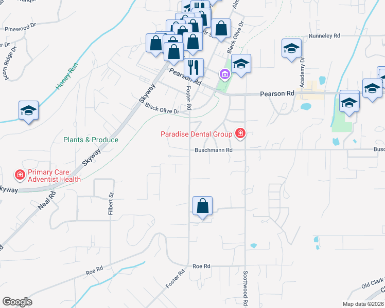 map of restaurants, bars, coffee shops, grocery stores, and more near 5564 Foster Road in Paradise