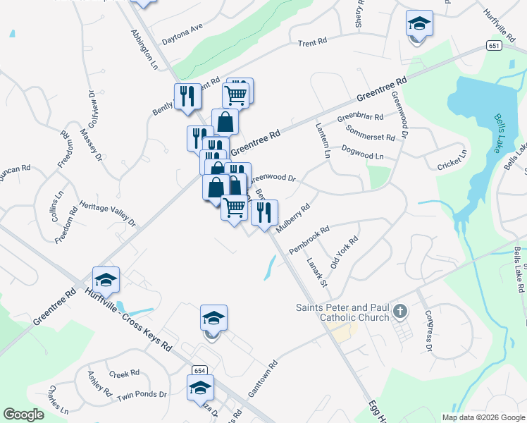map of restaurants, bars, coffee shops, grocery stores, and more near 13 Benner Road in Washington Township