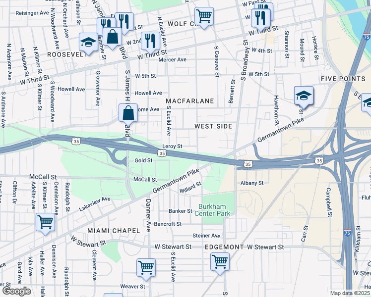map of restaurants, bars, coffee shops, grocery stores, and more near 32 Leroy Street in Dayton