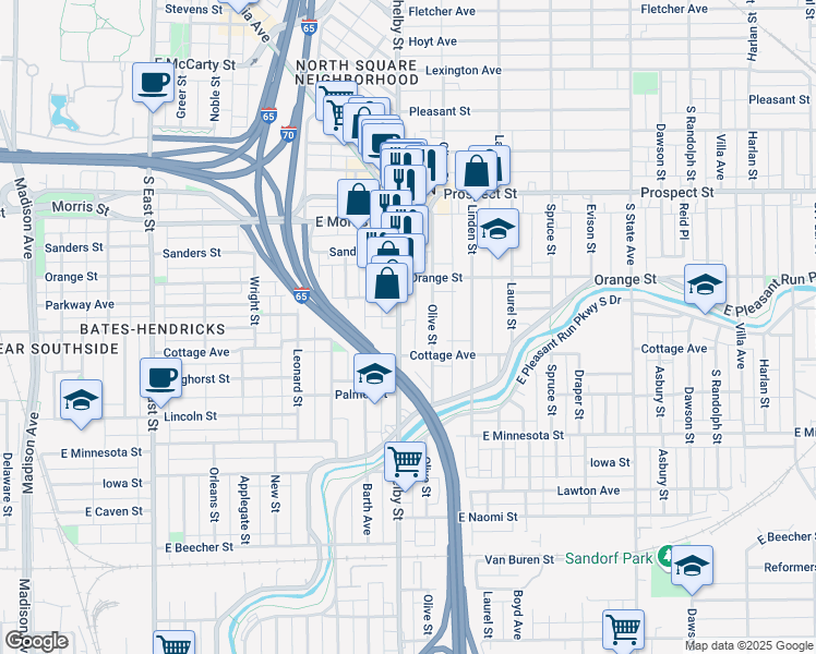 map of restaurants, bars, coffee shops, grocery stores, and more near 1406 Olive Street in Indianapolis