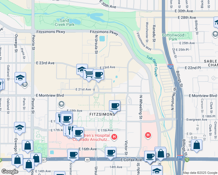 map of restaurants, bars, coffee shops, grocery stores, and more near 13021 East 21st Avenue in Aurora