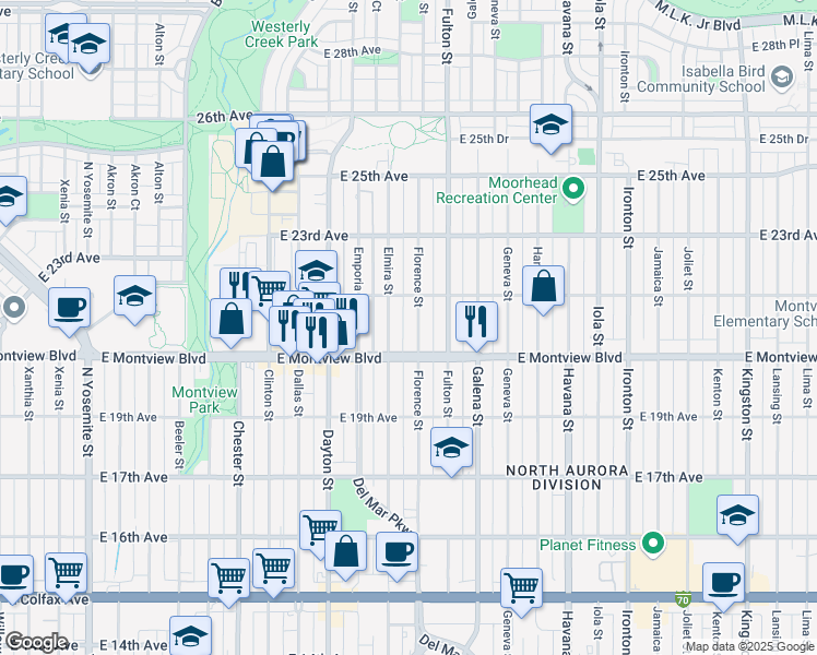 map of restaurants, bars, coffee shops, grocery stores, and more near 2070 Elmira Street in Aurora