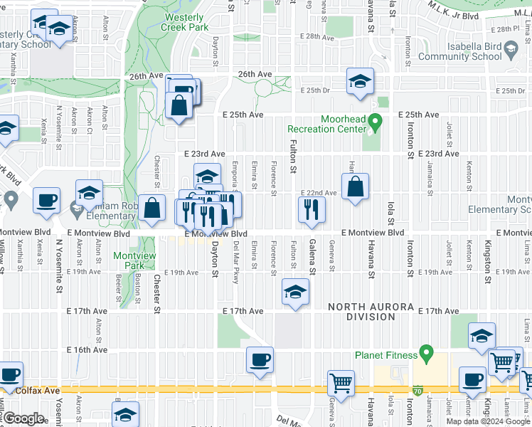 map of restaurants, bars, coffee shops, grocery stores, and more near 2070 Elmira Street in Aurora