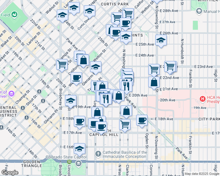 map of restaurants, bars, coffee shops, grocery stores, and more near 290 Park Avenue West in Denver