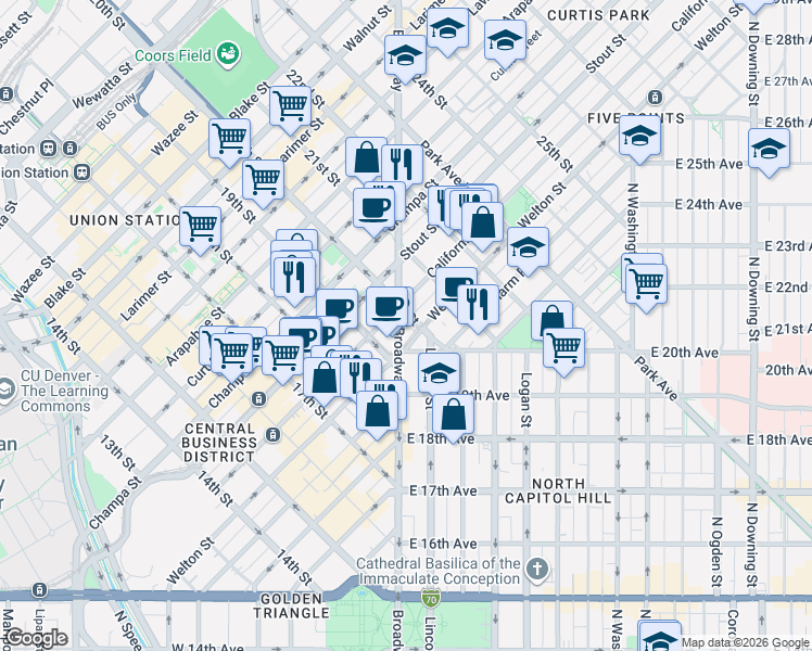 map of restaurants, bars, coffee shops, grocery stores, and more near 2003 Welton Street in Denver