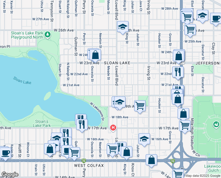 map of restaurants, bars, coffee shops, grocery stores, and more near 2047 Meade Street in Denver