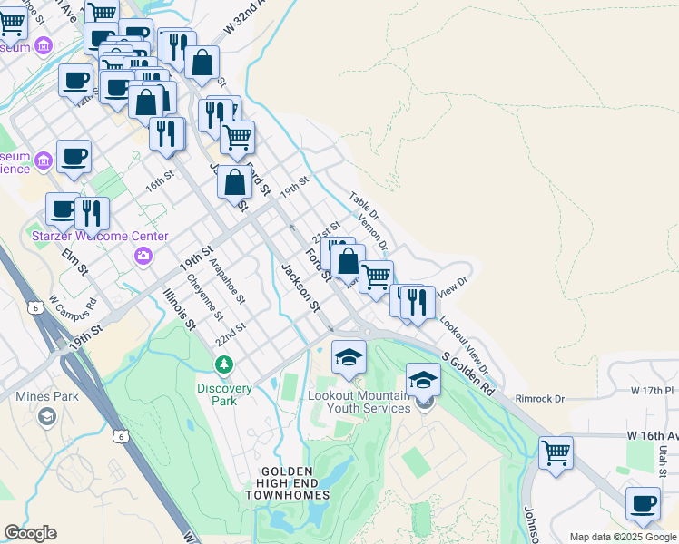 map of restaurants, bars, coffee shops, grocery stores, and more near 518 22nd Street in Golden