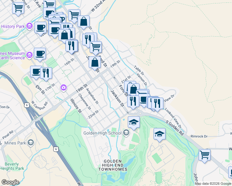 map of restaurants, bars, coffee shops, grocery stores, and more near 2109 Jackson Street in Golden
