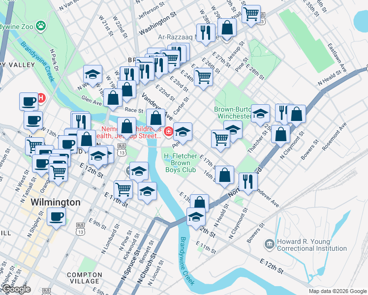 map of restaurants, bars, coffee shops, grocery stores, and more near 611 East 17th Street in Wilmington