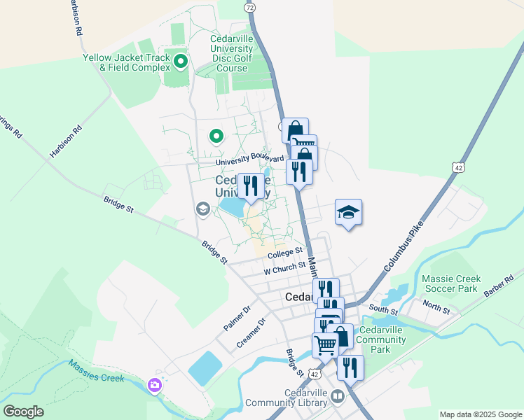 map of restaurants, bars, coffee shops, grocery stores, and more near 321-343 N Main St in Cedarville