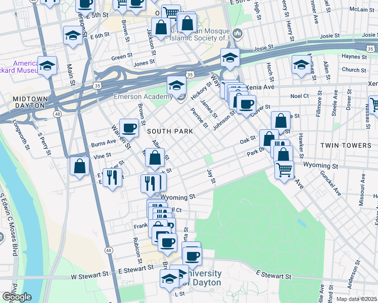 map of restaurants, bars, coffee shops, grocery stores, and more near 14 Johnson Street in Dayton