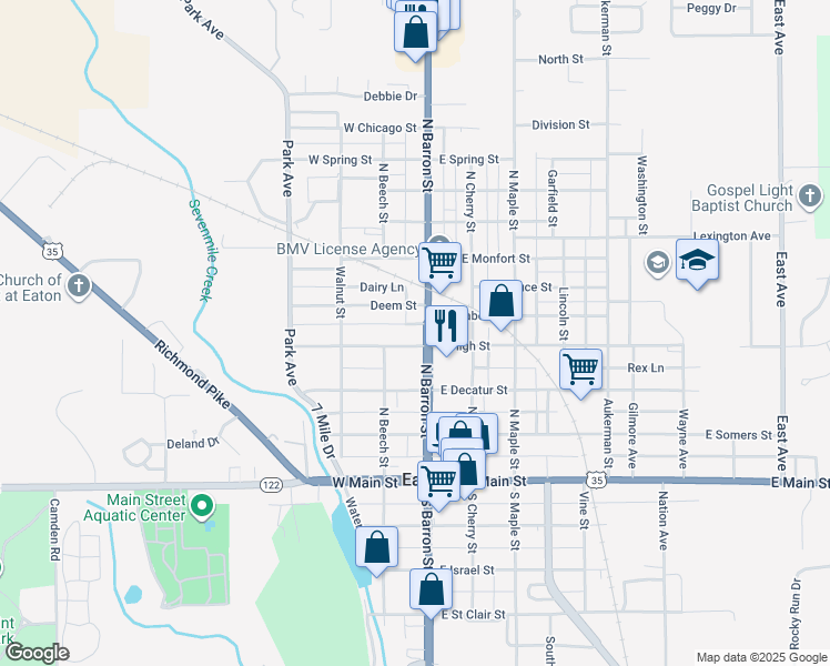 map of restaurants, bars, coffee shops, grocery stores, and more near 122 West High Street in Eaton