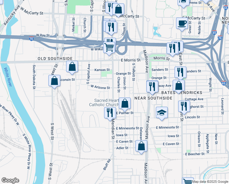 map of restaurants, bars, coffee shops, grocery stores, and more near 1410 Charles Street in Indianapolis